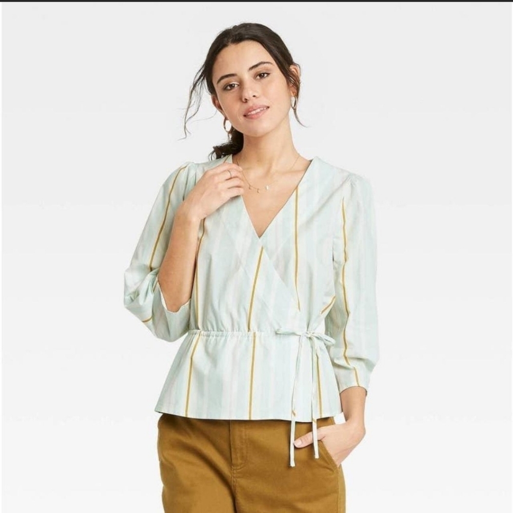 a new day Mint Stripe Wrap Blouse with Gold Stripes